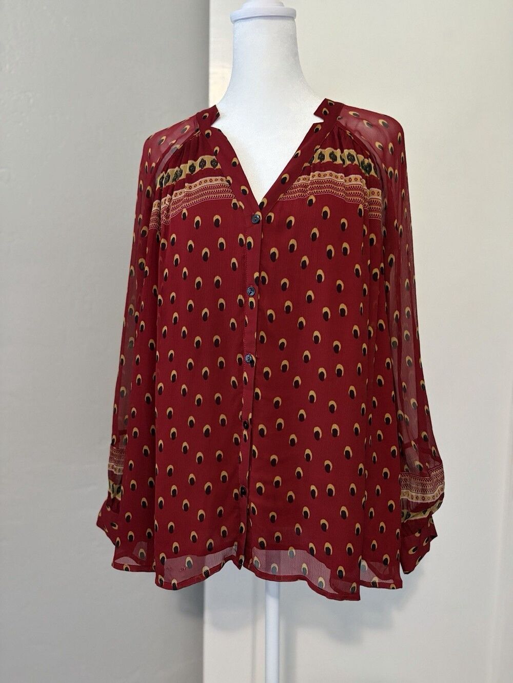 ba&sh Carmina Blouse Medium US 8 Red Black Dot Sheer Viscose Boho Button Top